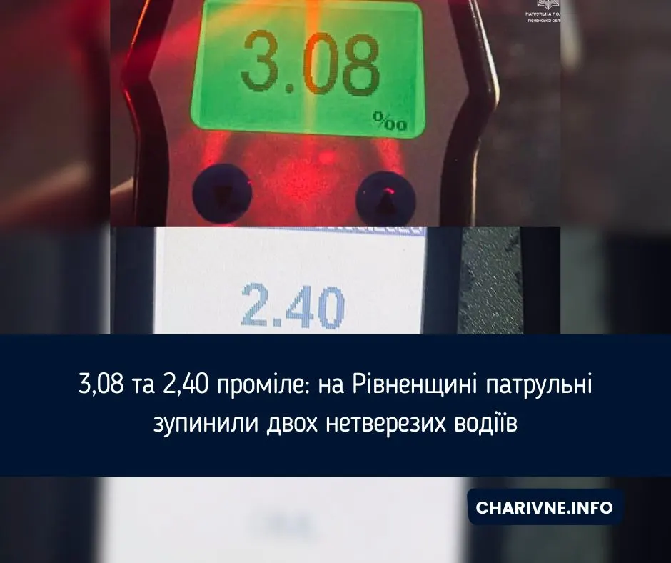 Два нетверезі водії за ніч: на Рівненщині зафіксували понаддопустимі рівні алкоголю