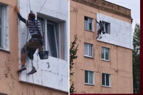 Чоловік із протезом утеплює фасад у Василькові: що стоїть за фото, яке облетіло